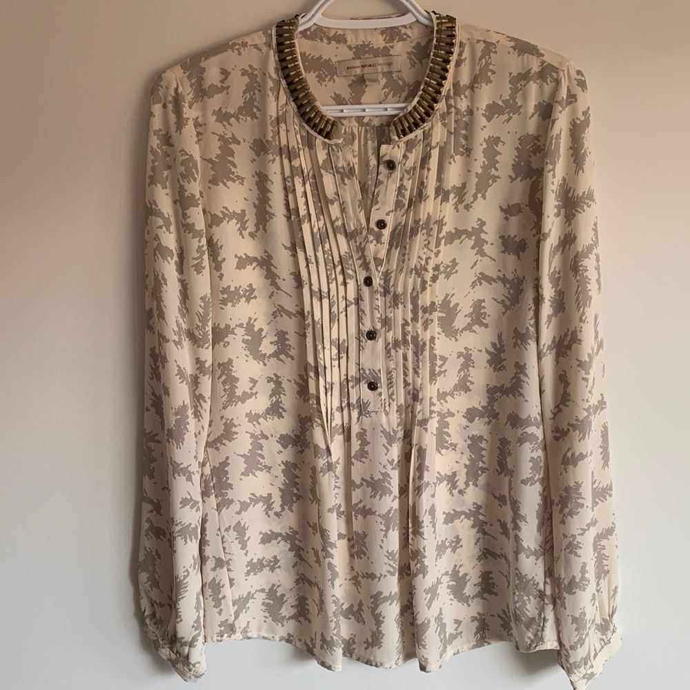 Banana Republic Beige Patterned Beaded-Collar Blouse